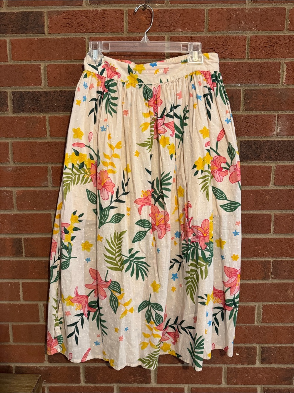 Versona Cream Midi Skirt with Pink Floral & Green Leaves